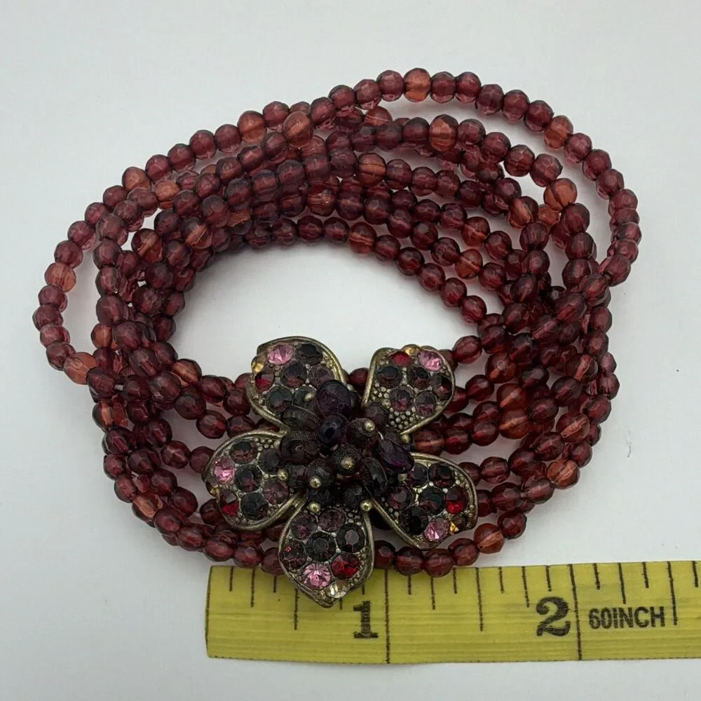Red Stretch Multistrand Beaded Ball/Bead Bracelet Flower Pavé Crystal Pendant